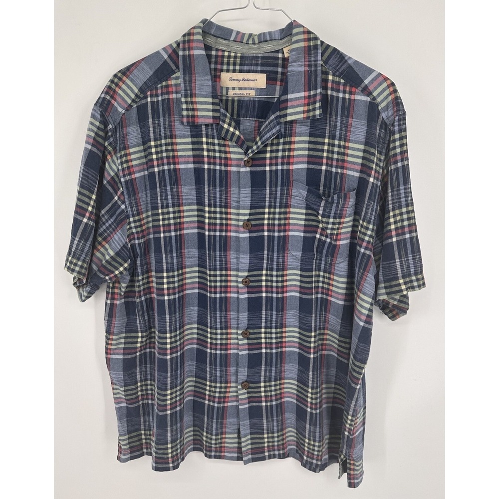 Tommy Bahama Original Fit Short Sleeve Blue Plaid Mens Button Up Silk Shirt XL